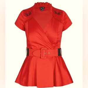 City Chic Plus Size Belted Peplum Rockabilly Top in Red/Black (Sweet Swallow)